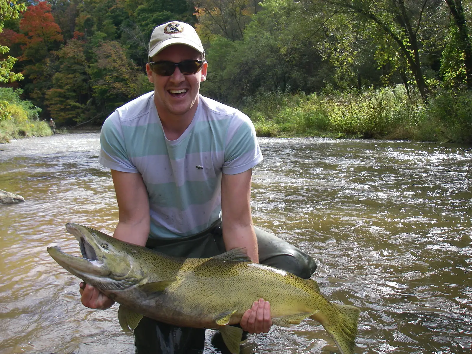 An angler kneeling in Bronte Creek holding a large chinook salmon